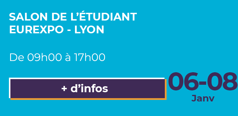 Encart informatif sur la participation de Game Sup au salon de l'étudiant à Lyon Eurexpo du 6 au 8 janvier 2023.